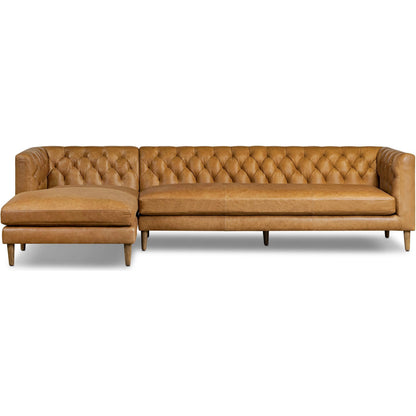 Thurston 2-Piece Sectional by Four Hands in cascara cognac, distressed parawood. Made from top grain leather, solid parawood in a unique style.