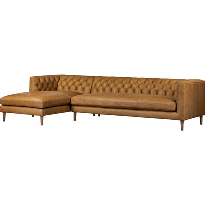 Thurston 2-Piece Sectional by Four Hands in cascara cognac, distressed parawood. Made from top grain leather, solid parawood in a unique style.