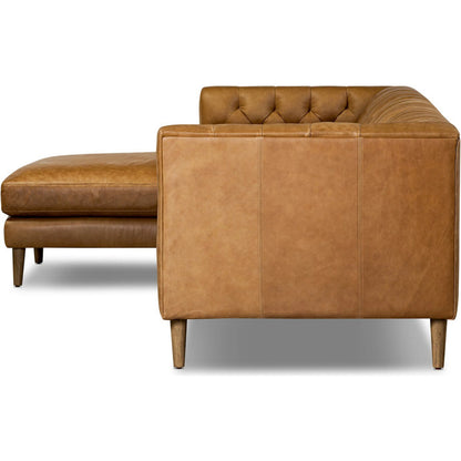 Thurston 2-Piece Sectional by Four Hands in cascara cognac, distressed parawood. Made from top grain leather, solid parawood in a unique style.