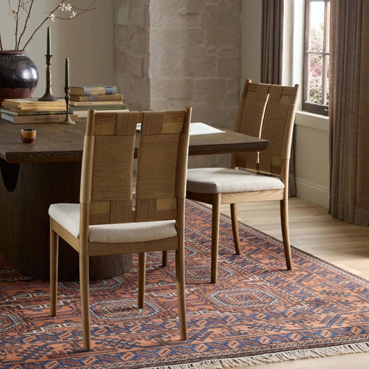 Harlee Dining Chair by Four Hands in antwerp natural, amber ash, natural paper cord. Made from 39% linen, 35% cotton, 26% polyester, solid ash, rush in a unique style.