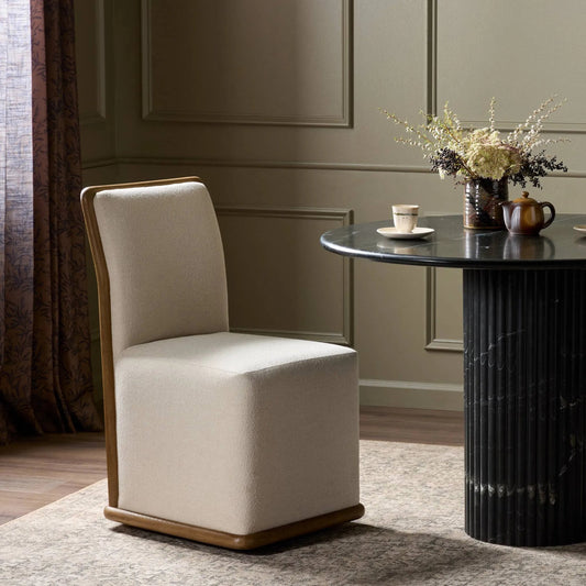 Christa Dining Chair by Four Hands in crypton wayfarer snow, tan oak. Made from 100% polyester, solid oak in a transitional style.