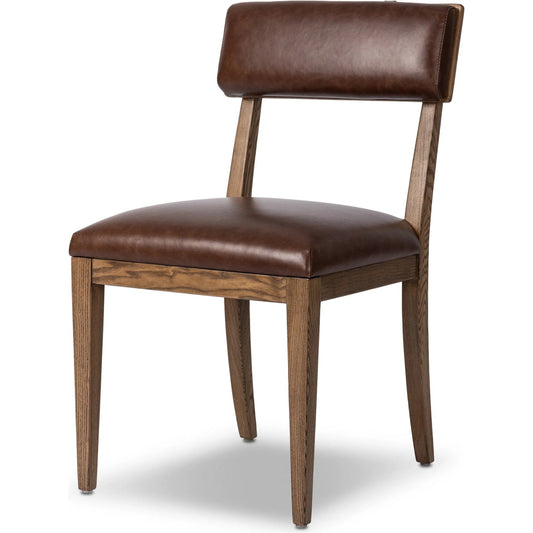 Marcello Dining Chair by Four Hands in havana brown, toasted oak, gris gunmetal. Made from top grain leather, solid oak, iron in a unique style.