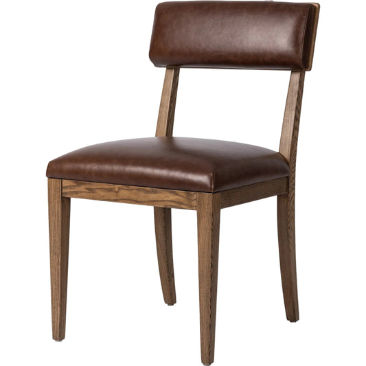 Marcello Dining Chair by Four Hands in havana brown, toasted oak, gris gunmetal. Made from top grain leather, solid oak, iron in a traditional style.