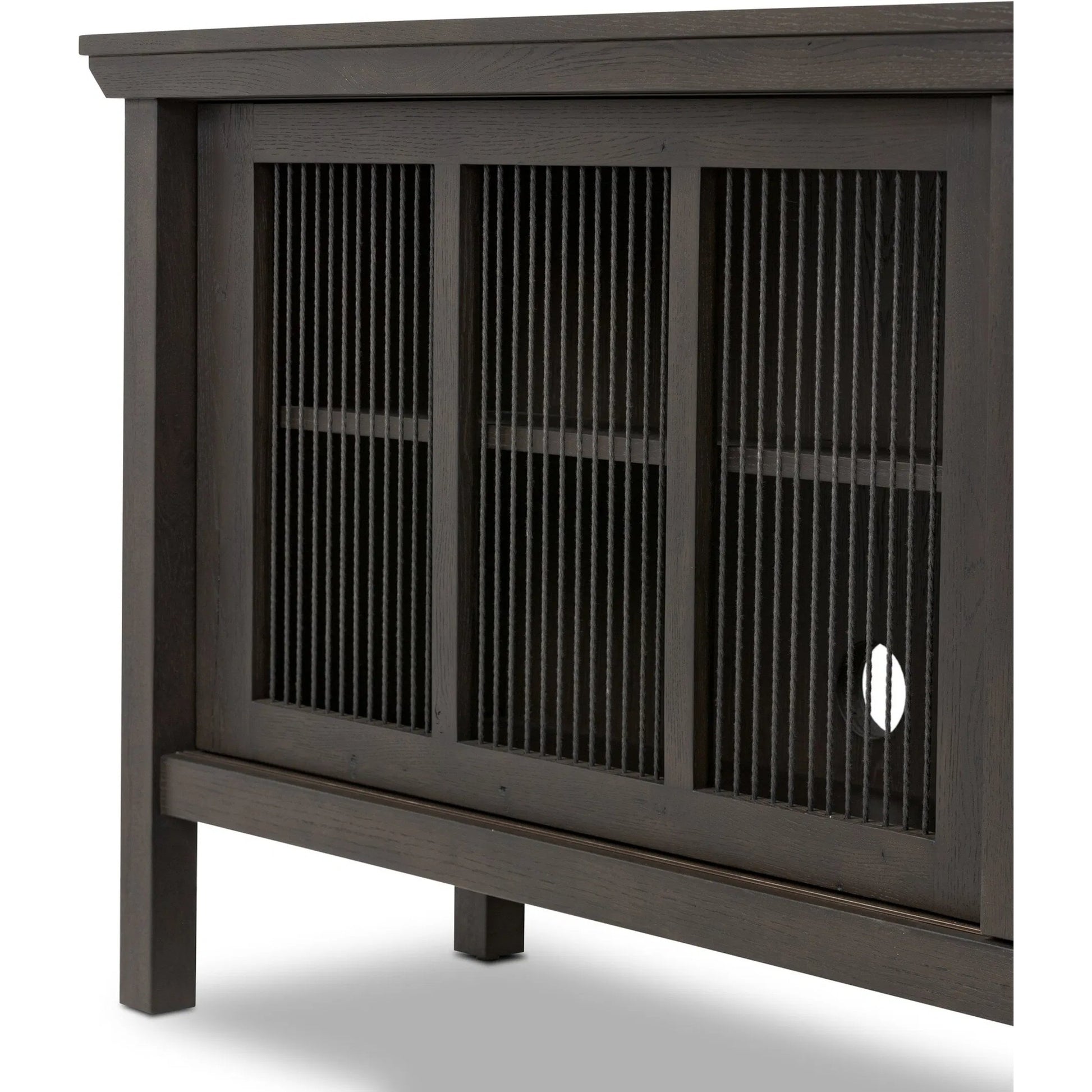 Tuscola Sideboard by Four Hands in smoked black, black paper cord. Made from solid oak, rush in a unique style.