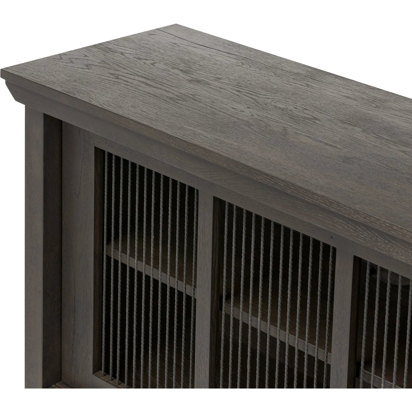 006 SI-2635365 | Closeup | Tuscola Sideboard by Four Hands in smoked black, black paper cord. Made from solid oak, rush in a unique style.
