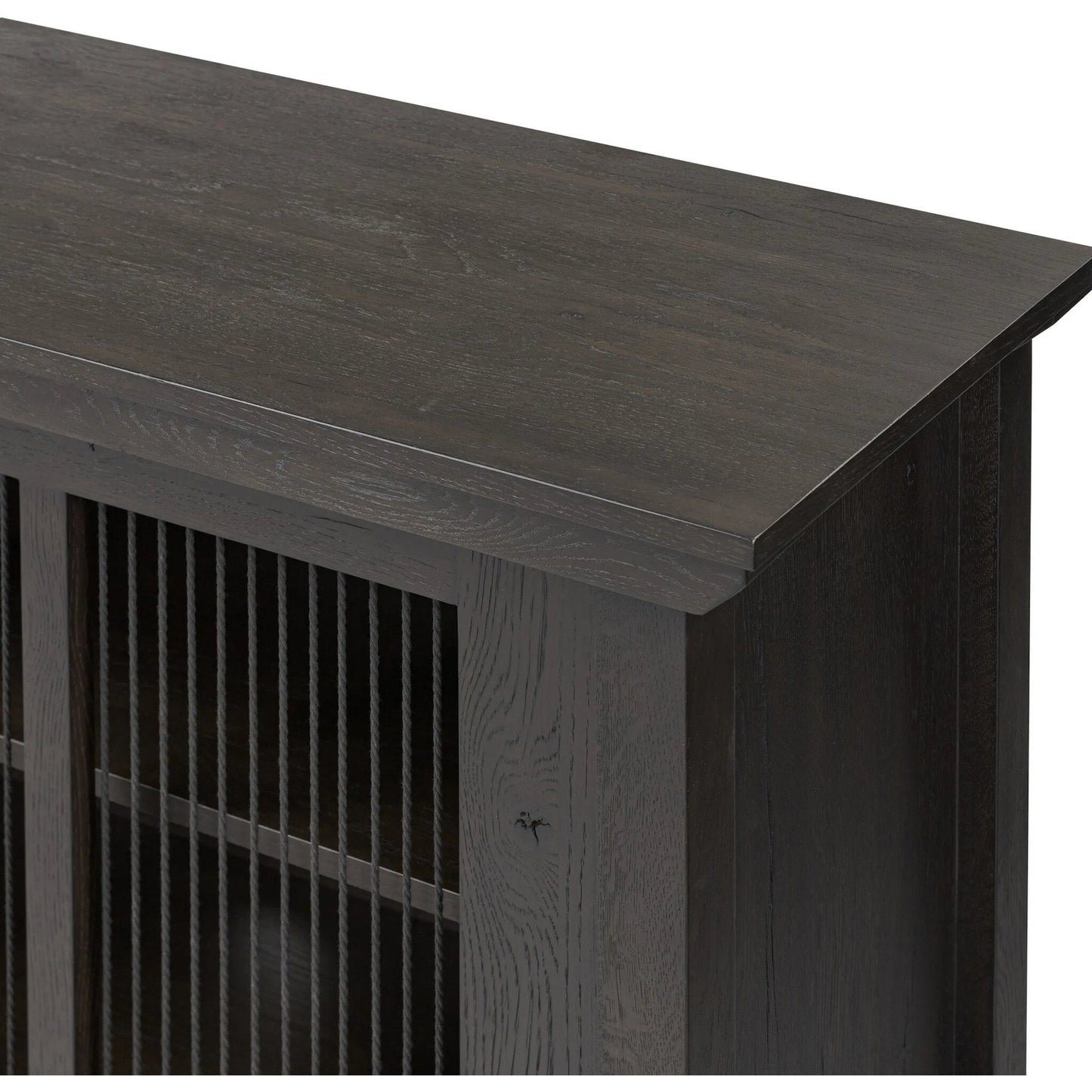 008 SI-2635365 | Closeup | Tuscola Sideboard by Four Hands in smoked black, black paper cord. Made from solid oak, rush in a unique style.