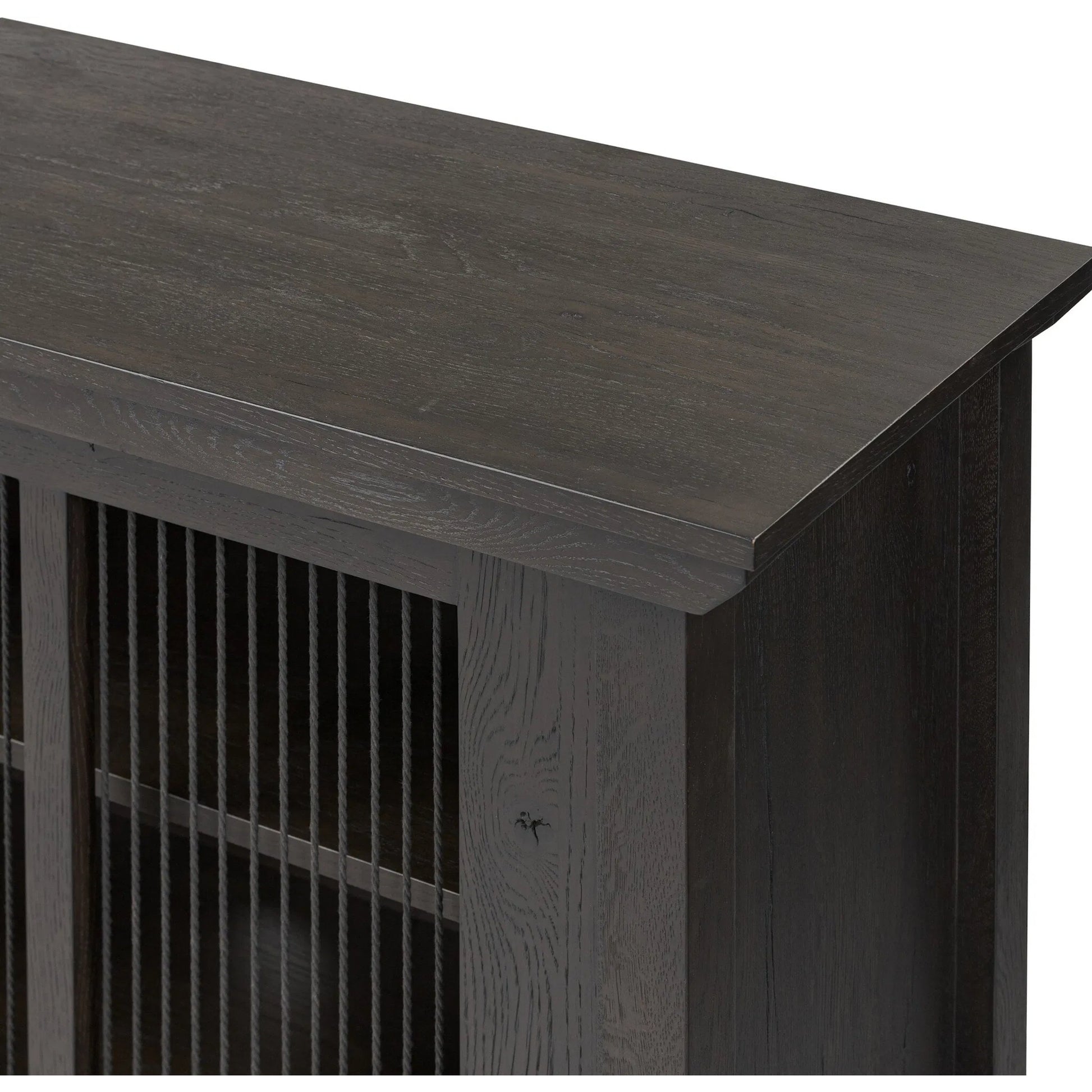 Tuscola Sideboard by Four Hands in smoked black, black paper cord. Made from solid oak, rush in a unique style.