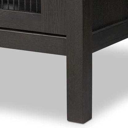 Tuscola Sideboard by Four Hands in smoked black, black paper cord. Made from solid oak, rush in a unique style.