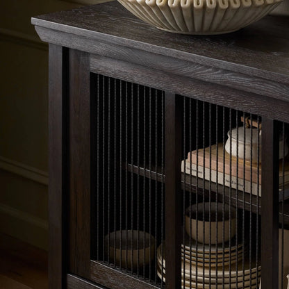 Tuscola Sideboard by Four Hands in smoked black, black paper cord. Made from solid oak, rush in a unique style.