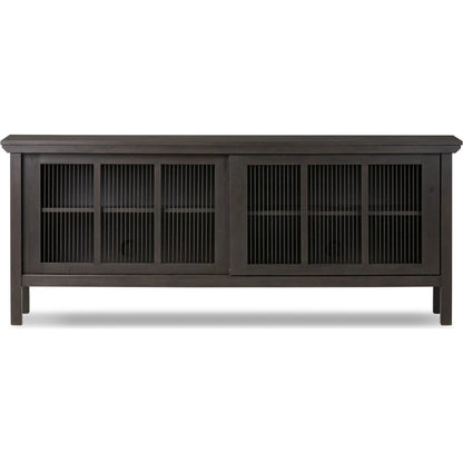Tuscola Sideboard by Four Hands in smoked black, black paper cord. Made from solid oak, rush in a unique style.