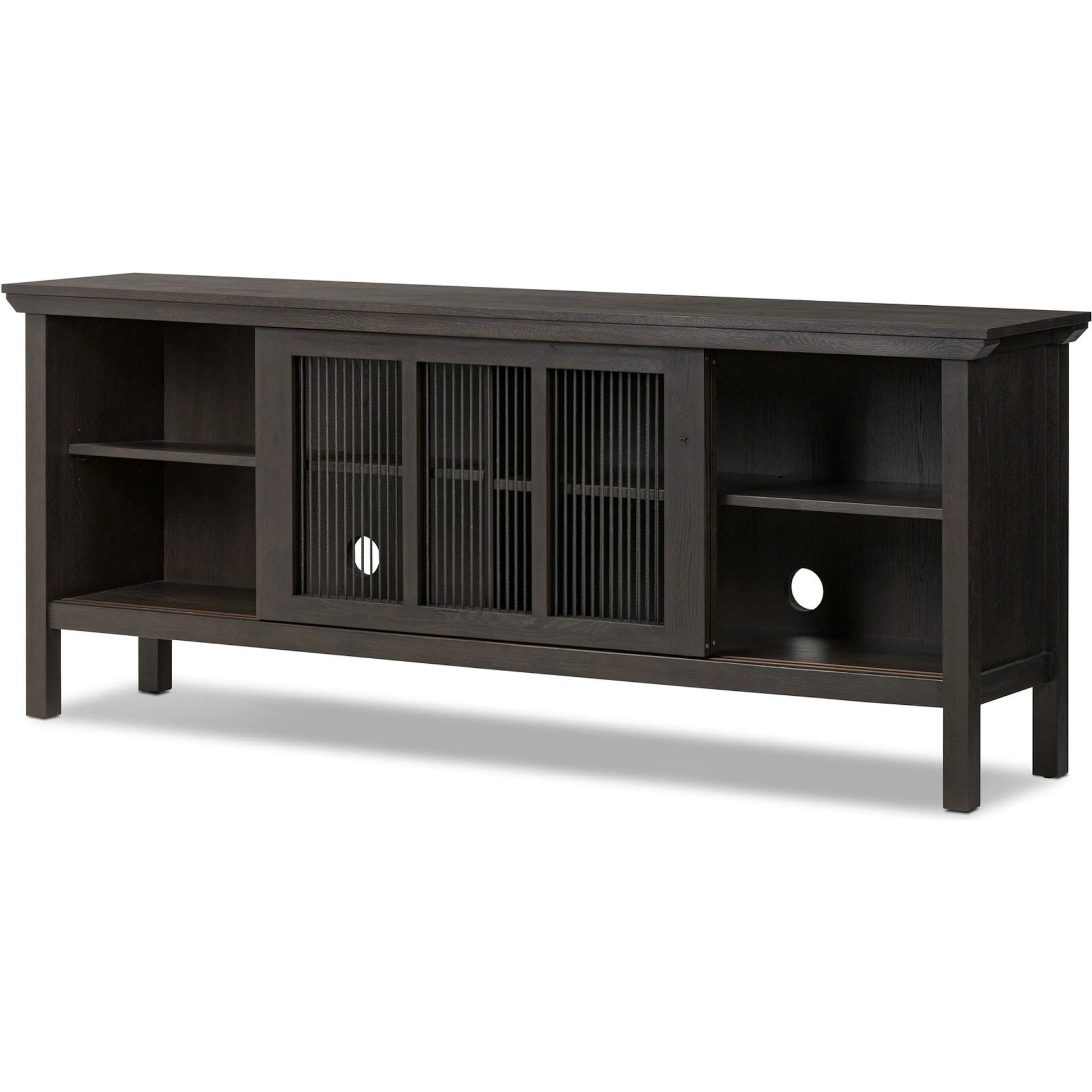 Tuscola Sideboard by Four Hands in smoked black, black paper cord. Made from solid oak, rush in a unique style.
