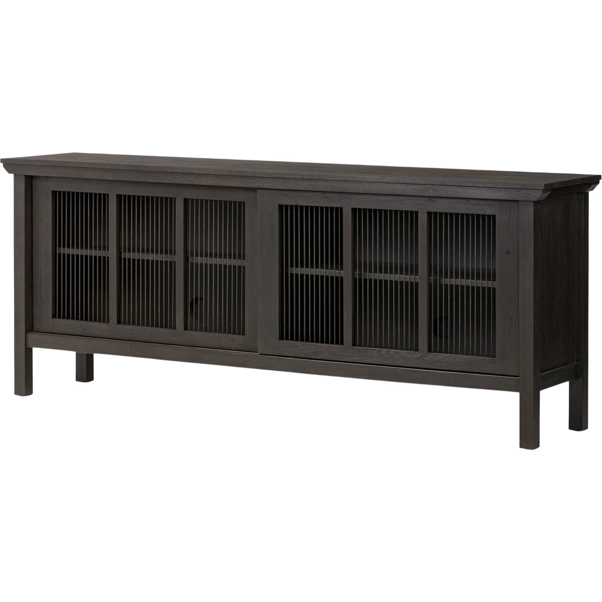 Tuscola Sideboard by Four Hands in smoked black, black paper cord. Made from solid oak, rush in a unique style.