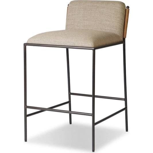 Elba Counter Stool by Four Hands in alcala wheat, dark gris gunmetal, palermo drift. Made from 70% polyester, 20% viscose (rayon), 10% flax/linen, iron, top grain leather in a transitional style.