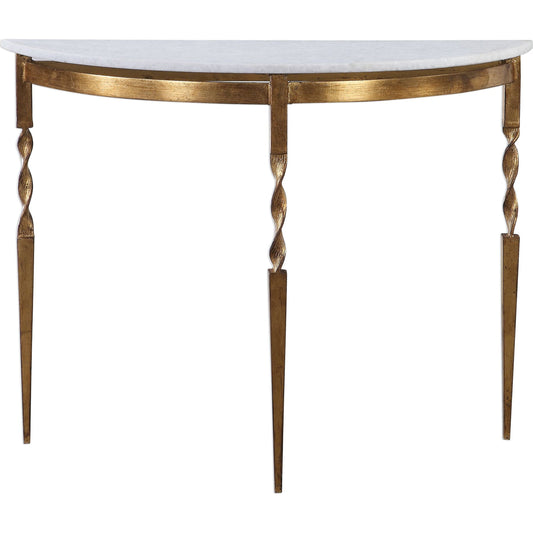 Imelda Demilune Console Table by Uttermost. Made from iron 45%, cast iron 25%, white marble 30% in a transitional style.