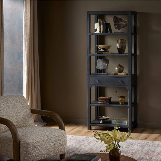 Avedon Bookcase by Four Hands in aged black oak, aged black oak veneer. Made from solid oak, thick oak veneer in a transitional style.