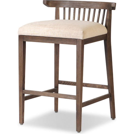 Tullio Counter Stool by Four Hands in savoy parchment, drifted ash. Made from 61% polyester, 31% viscose (rayon), 8% flax/linen, solid ash in a unique style.