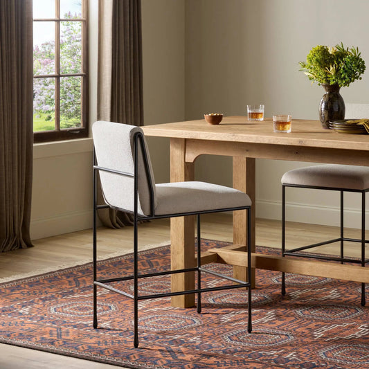 Decker Counter Stool by Four Hands in crypton wayfarer snow, dark gris gunmetal. Made from 100% polyester, iron in a unique style.