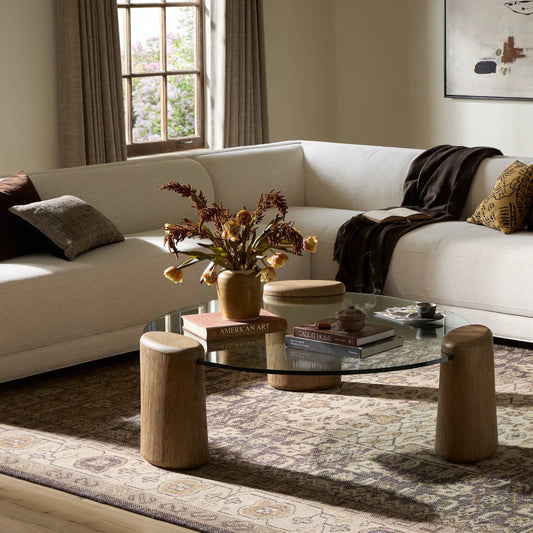 Juno Coffee Table by Four Hands in tempered glass, drifted oak veneer. Made from tempered glass, thick oak veneer in a unique style.