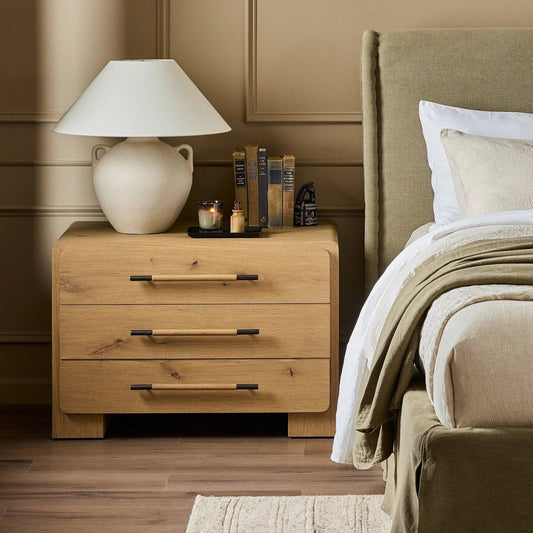 Eden Nightstand by Four Hands in aged smoked oak veneer. Made from thick oak veneer in a unique style.