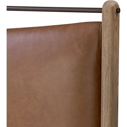 Dina Bed by Four Hands in sonoma chestnut, aged smoked oak, aged smoked oak veneer. Made from top grain leather, solid oak, thick oak veneer in a transitional style.