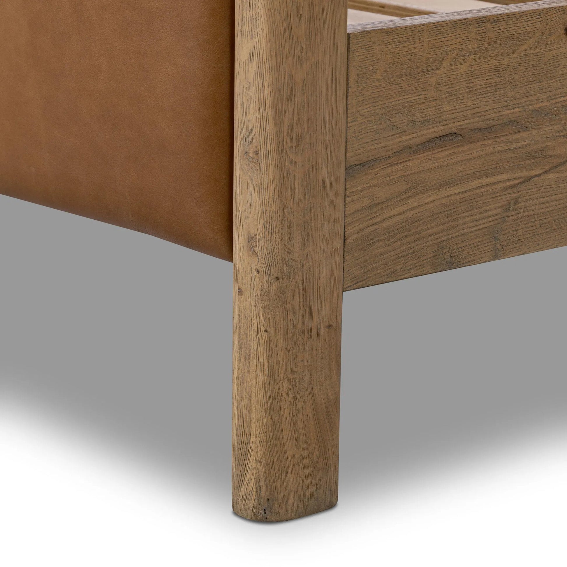 Dina Bed by Four Hands in sonoma chestnut, aged smoked oak, aged smoked oak veneer. Made from top grain leather, solid oak, thick oak veneer in a transitional style.