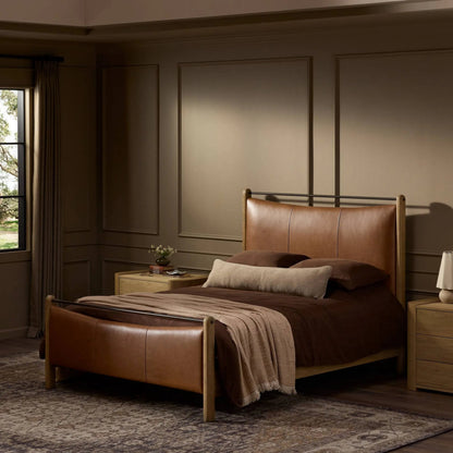 Dina Bed by Four Hands in sonoma chestnut, aged smoked oak, aged smoked oak veneer. Made from top grain leather, solid oak, thick oak veneer in a transitional style.