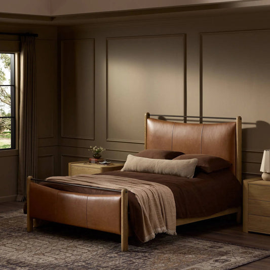 Dina Bed by Four Hands in sonoma chestnut, aged smoked oak, aged smoked oak veneer. Made from top grain leather, solid oak, thick oak veneer in a unique style.