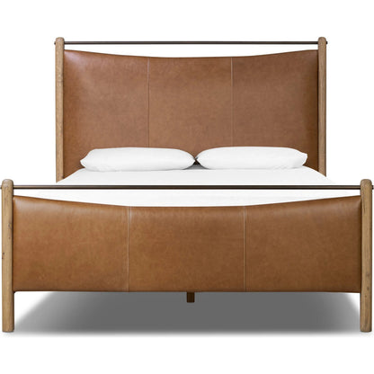 Dina Bed by Four Hands in sonoma chestnut, aged smoked oak, aged smoked oak veneer. Made from top grain leather, solid oak, thick oak veneer in a transitional style.