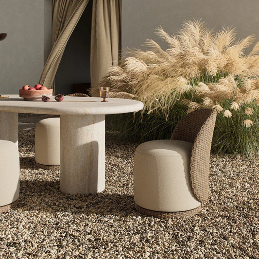 Quaid Outdoor Woven Dining Chair by Four Hands in alessi buff, faux dark hyacinth. Made from 100% polypropylene, 100% polyethylene in a unique style.