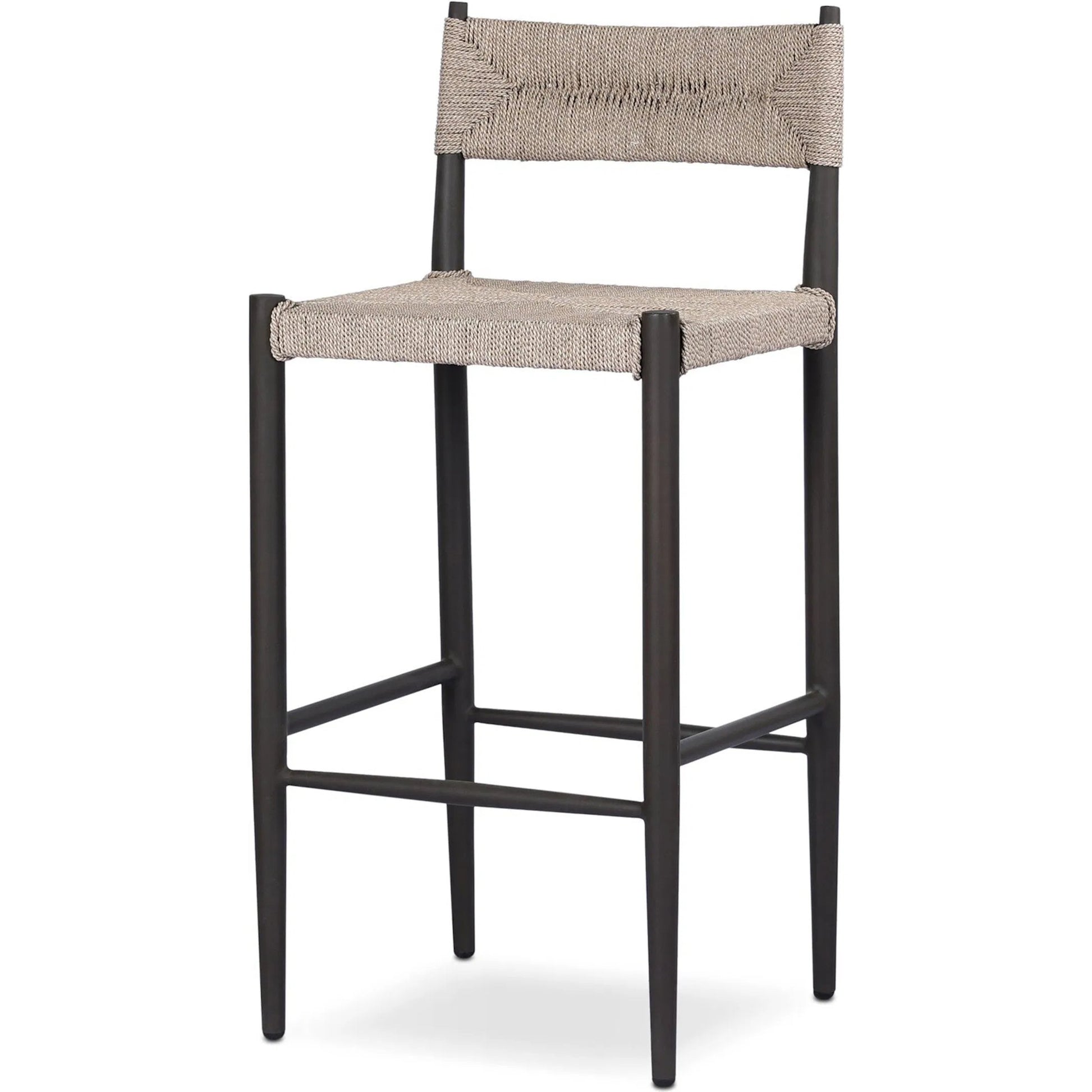 Lomas Outdoor Bar Stool by Four Hands in textured dune, bronze. Made from 100% polyethylene, iron in a unique style.