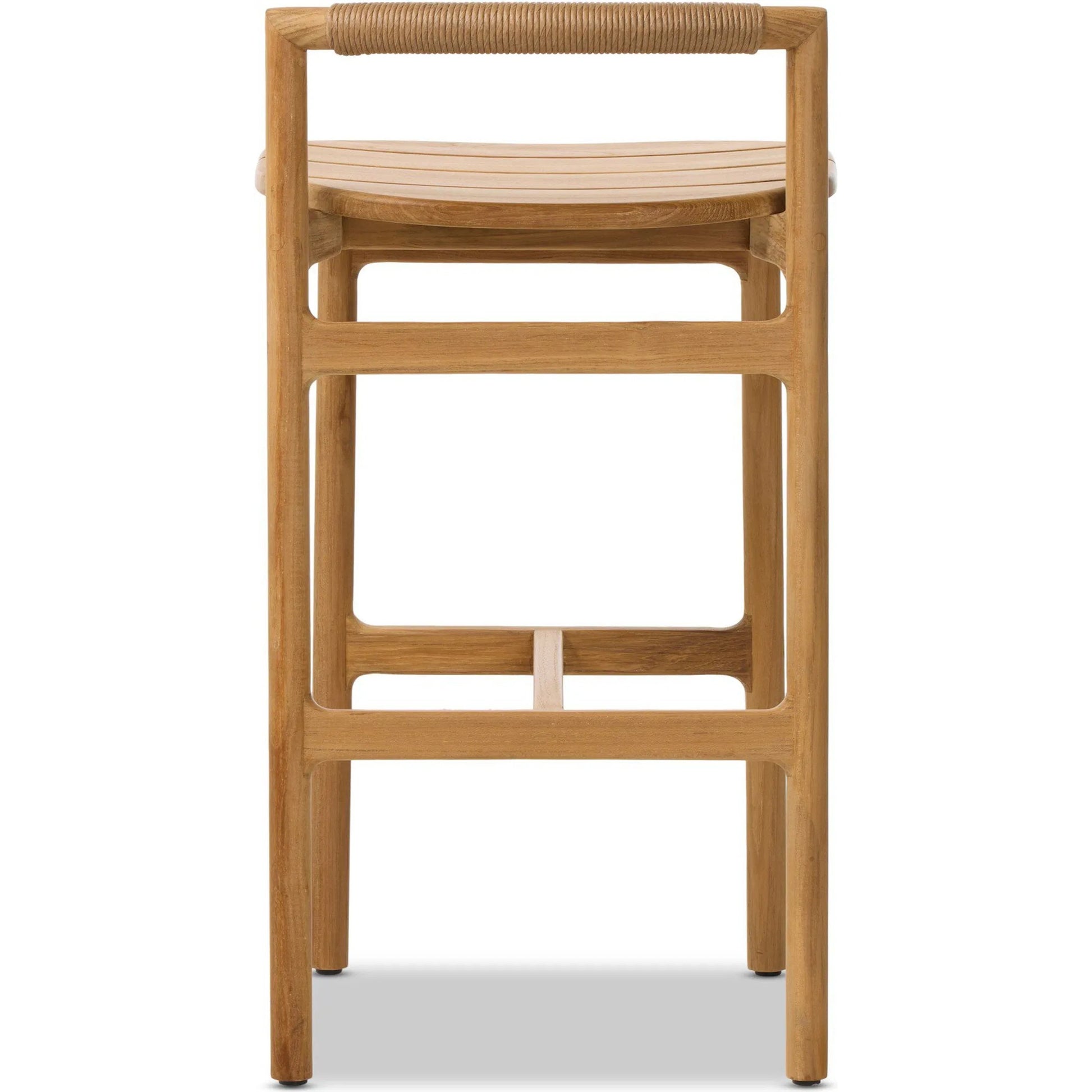 Baden Outdoor Bar Stool by Four Hands in textured sand, fine sanded teak-fsc. Made from 100% polyethylene, solid fsc®-certified teak in a transitional style.