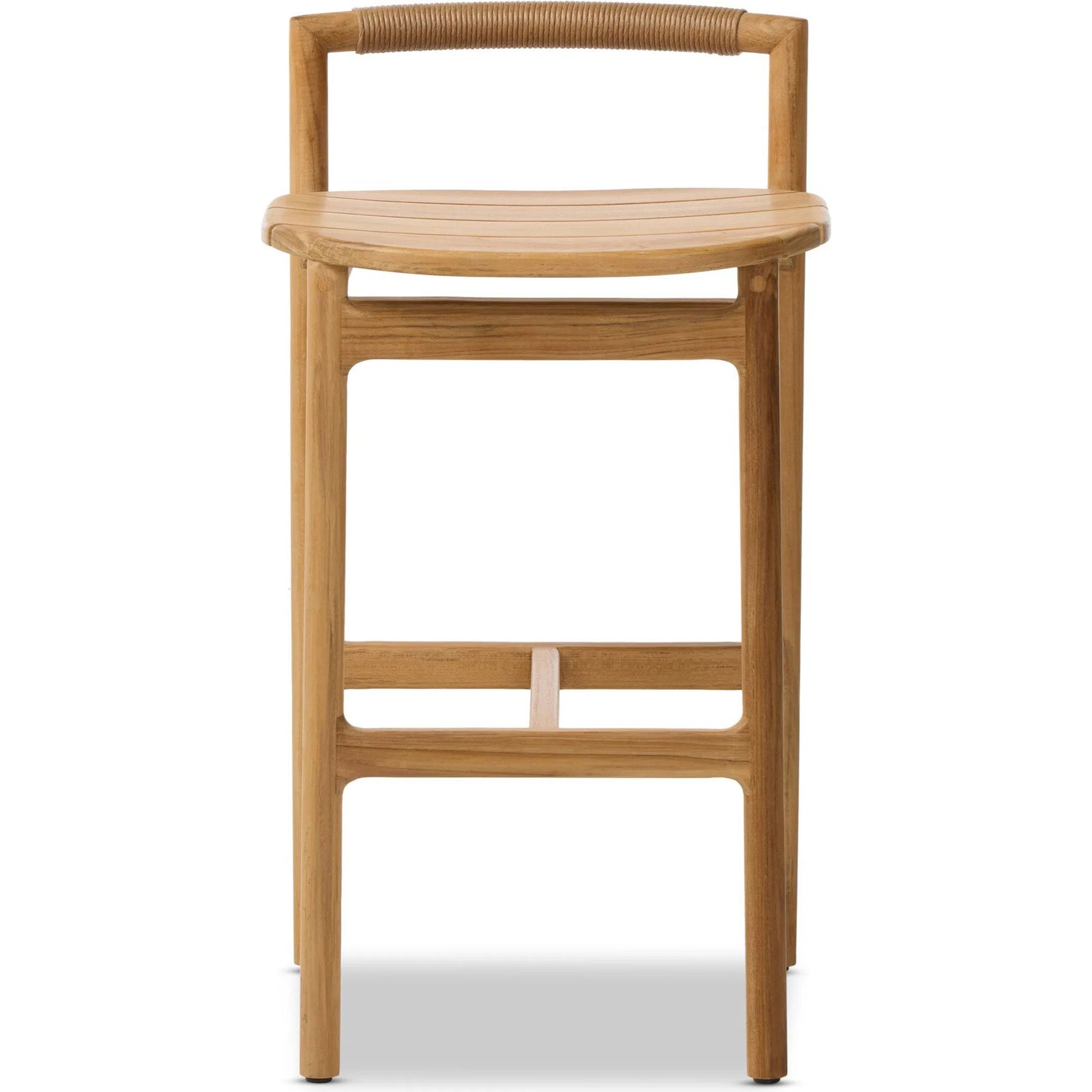 Baden Outdoor Bar Stool by Four Hands in textured sand, fine sanded teak-fsc. Made from 100% polyethylene, solid fsc®-certified teak in a transitional style.
