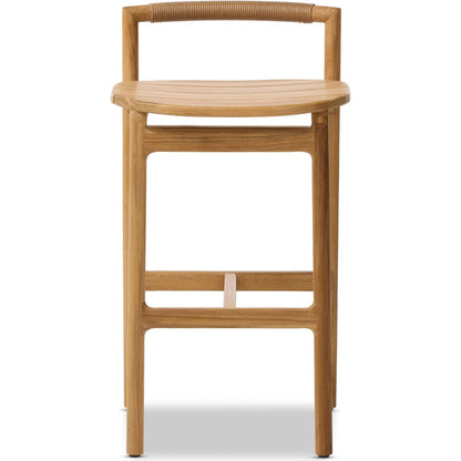 Baden Outdoor Bar Stool by Four Hands in textured sand, fine sanded teak-fsc. Made from 100% polyethylene, solid fsc®-certified teak in a transitional style.