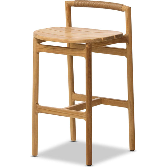 Baden Outdoor Bar Stool by Four Hands in textured sand, fine sanded teak-fsc. Made from 100% polyethylene, solid fsc®-certified teak in a unique style.