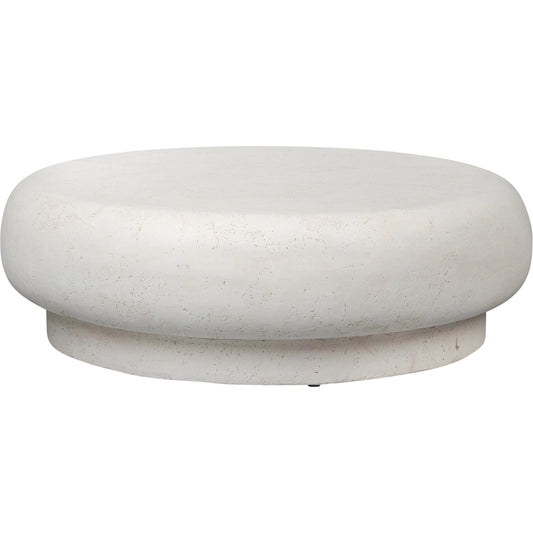 Imogene Round Outdoor Coffee Table by Four Hands in aged white concrete. Made from solid concrete in a unique style.