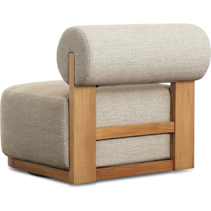 Malta Outdoor Swivel Chair by Four Hands in faye sand, natural teak-fsc. Made from 100% olefin, solid fsc®-certified teak in a transitional style.