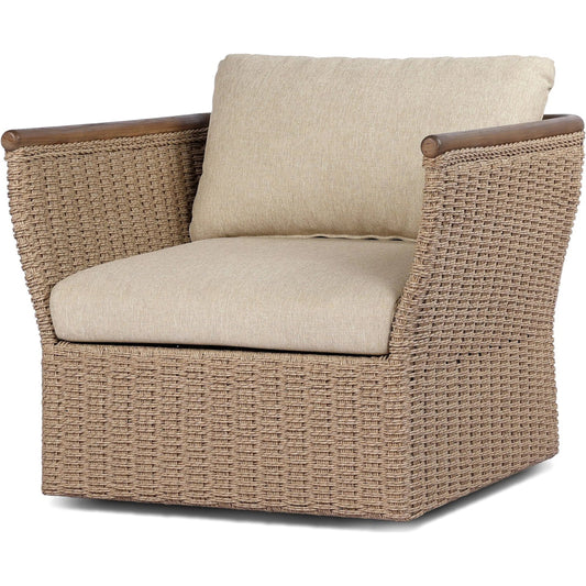 Elmira Outdoor Swivel Chair by Four Hands in ellor beige, stained toasted brown, faux hyacinth. Made from 100% olefin, solid teak, 100% polyethylene in a rustic style.