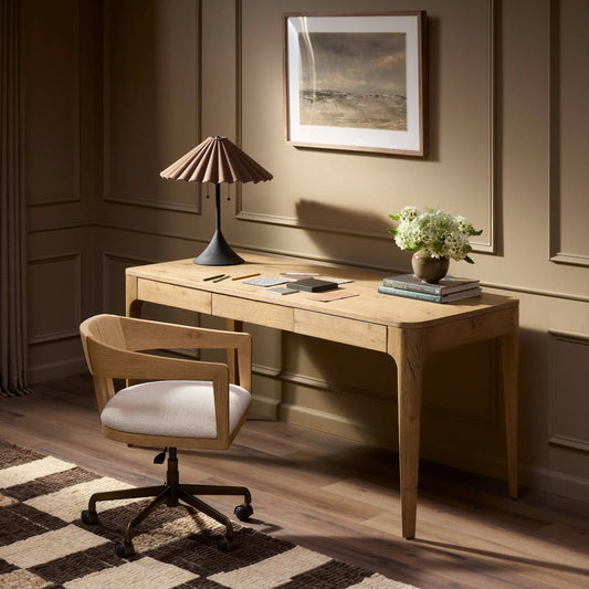Berke Desk by Four Hands in aged smoked oak veneer. Made from thick oak veneer, solid oak in a unique style.