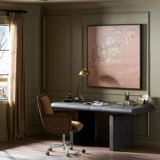 Cleo Desk by Four Hands in worn black oak veneer. Made from thick oak veneer, solid oak in a transitional style.