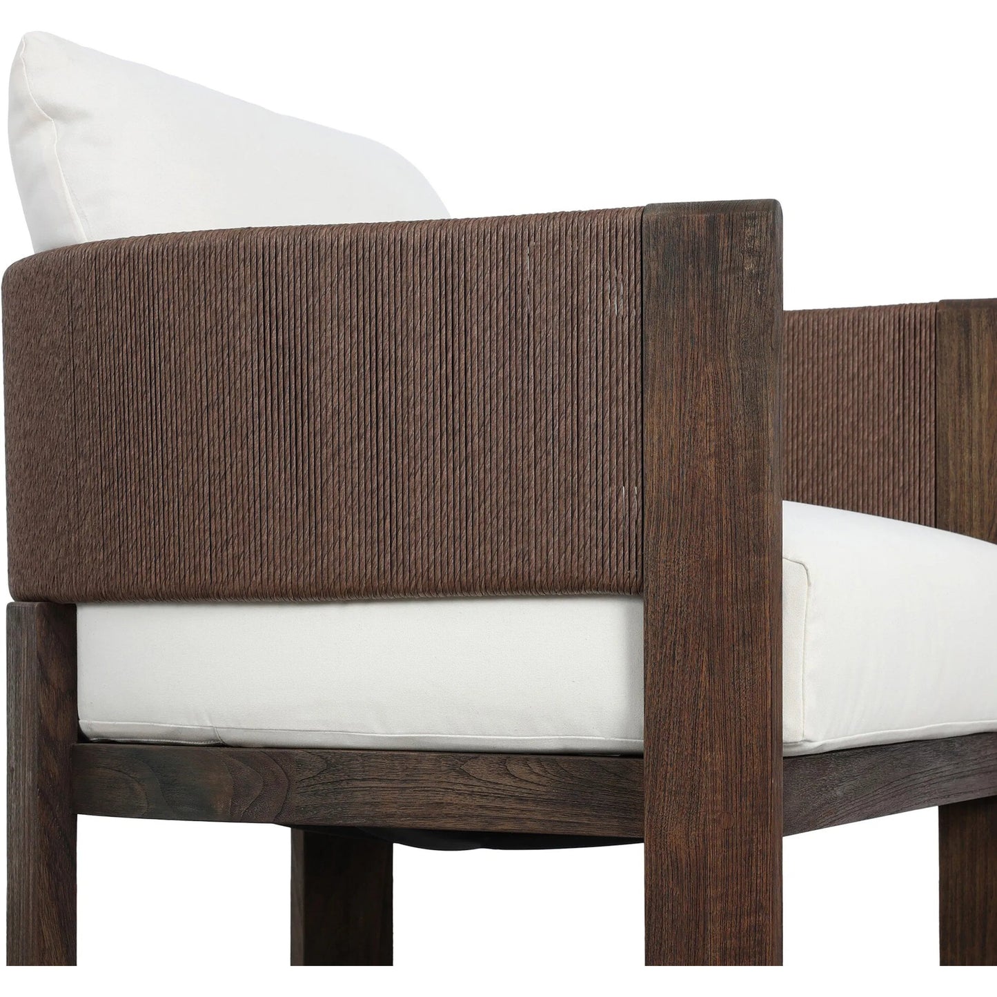 004 SI-2446537 | Closeup | Delancy Outdoor Chair by Four Hands in arashi salt, stained saddle brown-fsc, tanned weave. Made from 100% acrylic, solid fsc®-certified teak, 100% polyethylene in a transitional style.