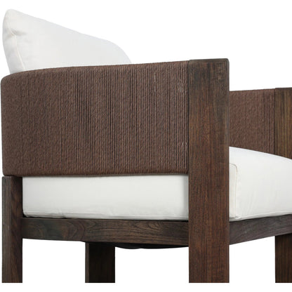 Delancy Outdoor Chair by Four Hands in arashi salt, stained saddle brown-fsc, tanned weave. Made from 100% acrylic, solid fsc®-certified teak, 100% polyethylene in a transitional style.