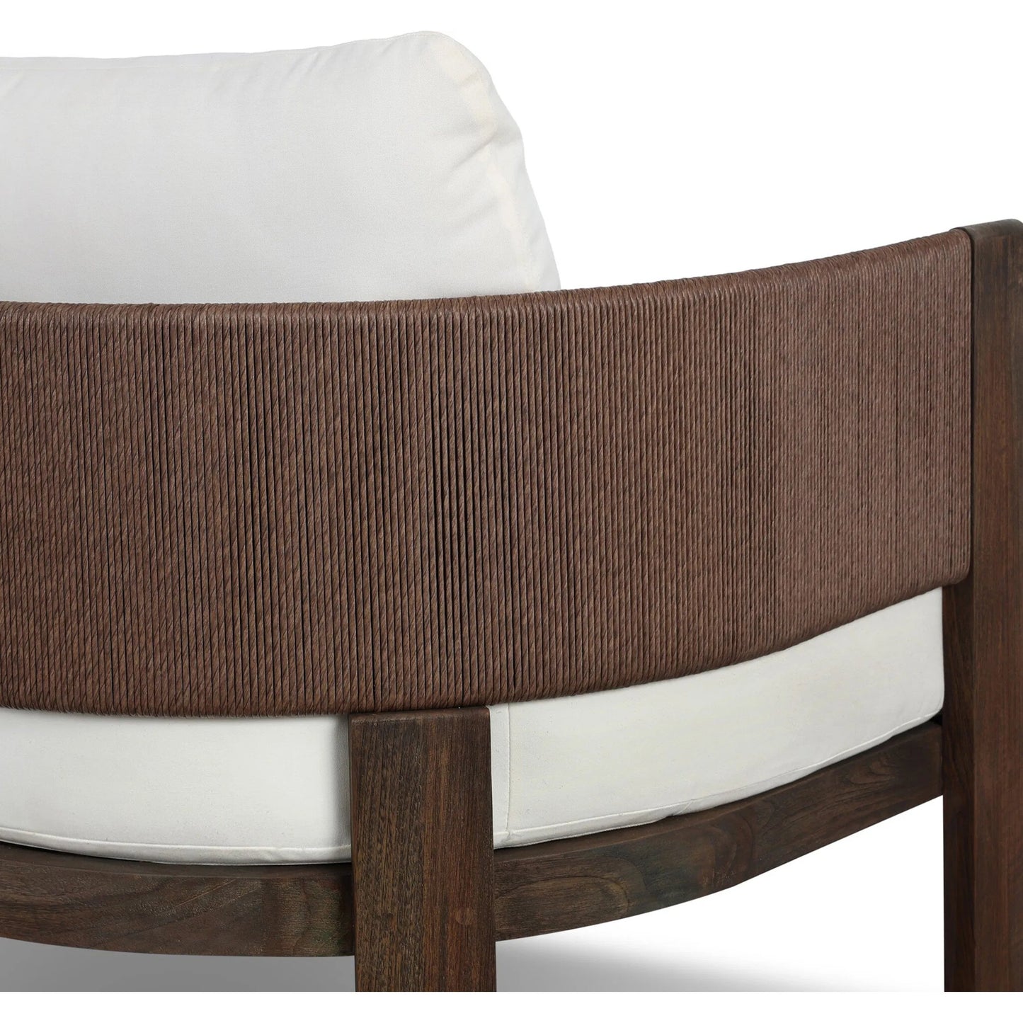 006 SI-2446537 | Closeup | Delancy Outdoor Chair by Four Hands in arashi salt, stained saddle brown-fsc, tanned weave. Made from 100% acrylic, solid fsc®-certified teak, 100% polyethylene in a transitional style.