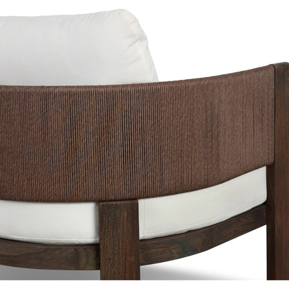 Delancy Outdoor Chair by Four Hands in arashi salt, stained saddle brown-fsc, tanned weave. Made from 100% acrylic, solid fsc®-certified teak, 100% polyethylene in a transitional style.