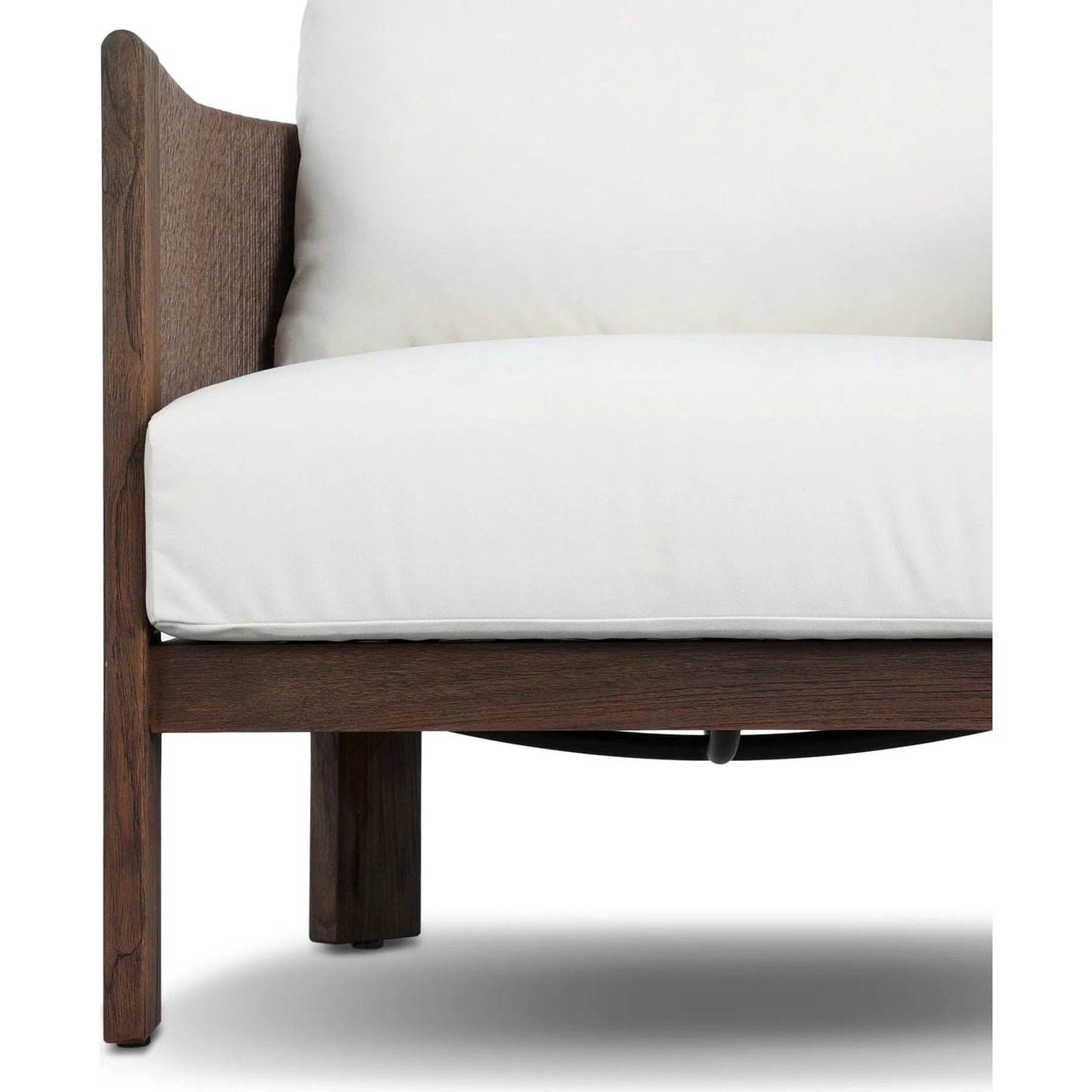 010 SI-2446537 | Closeup | Delancy Outdoor Chair by Four Hands in arashi salt, stained saddle brown-fsc, tanned weave. Made from 100% acrylic, solid fsc®-certified teak, 100% polyethylene in a transitional style.