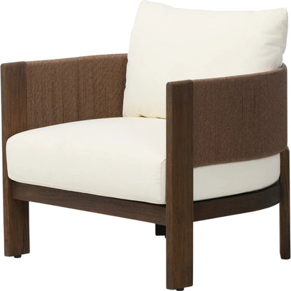 Delancy Outdoor Chair by Four Hands in arashi salt, stained saddle brown-fsc, tanned weave. Made from 100% acrylic, solid fsc®-certified teak, 100% polyethylene in a transitional style.