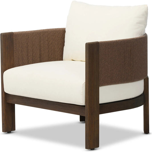 Delancy Outdoor Chair by Four Hands in arashi salt, stained saddle brown-fsc, tanned weave. Made from 100% acrylic, solid fsc®-certified teak, 100% polyethylene in a unique style.