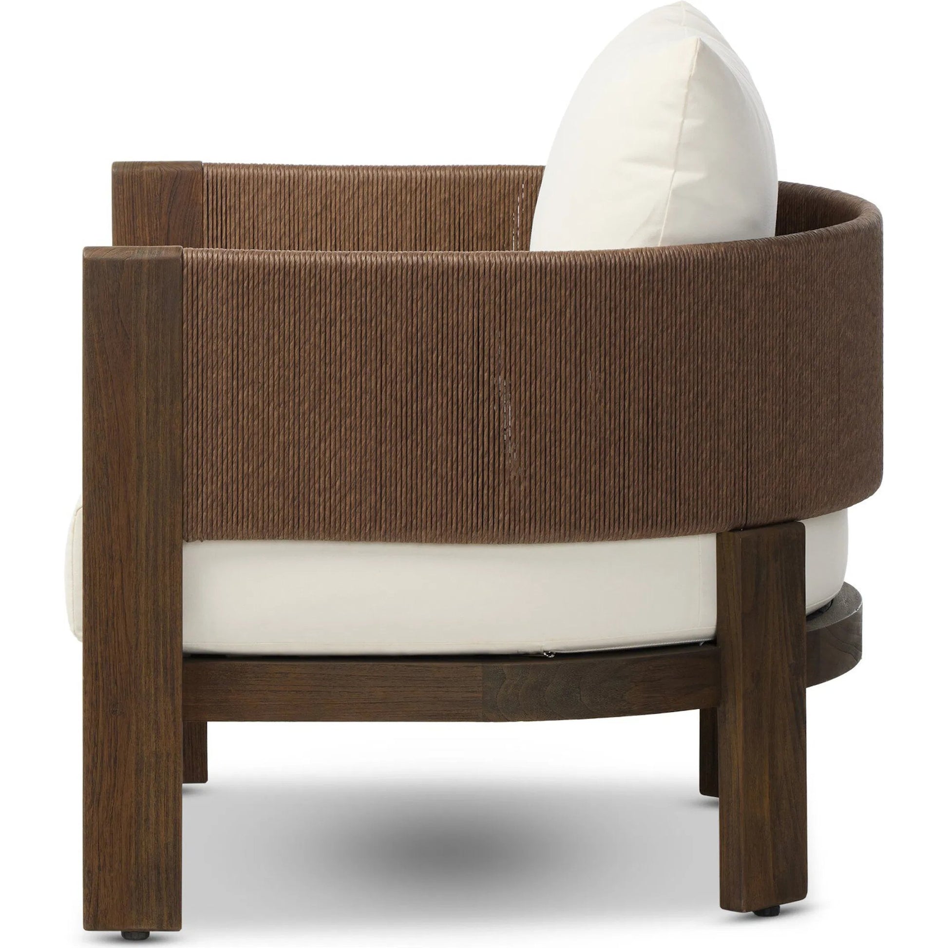Delancy Outdoor Chair by Four Hands in arashi salt, stained saddle brown-fsc, tanned weave. Made from 100% acrylic, solid fsc®-certified teak, 100% polyethylene in a transitional style.