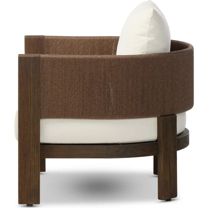 Delancy Outdoor Chair by Four Hands in arashi salt, stained saddle brown-fsc, tanned weave. Made from 100% acrylic, solid fsc®-certified teak, 100% polyethylene in a transitional style.