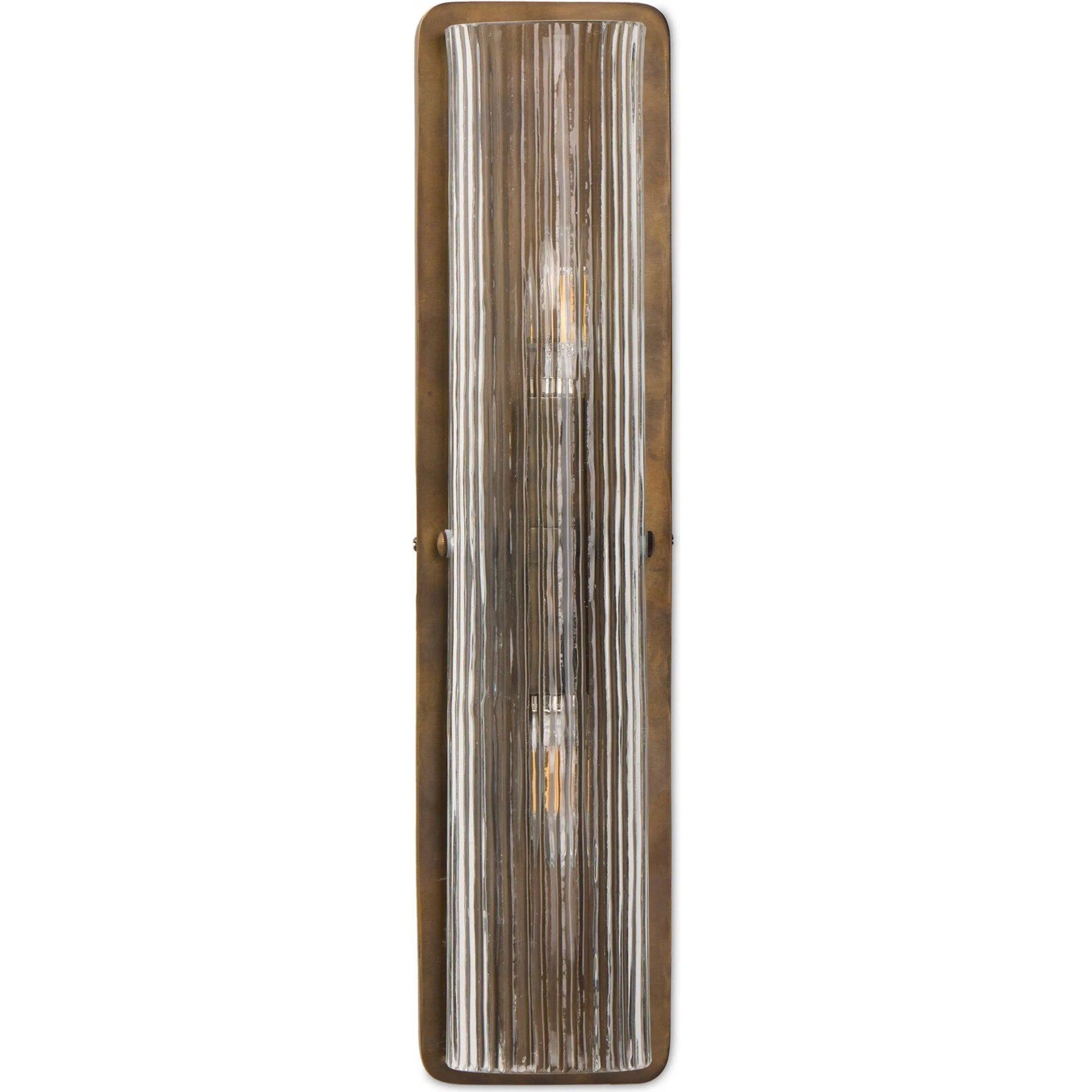 Kenji Sconce by Four Hands in clear reeded glass, burnished brass iron, clear cord. Made from glass, iron, thermoplastic in a traditional style.