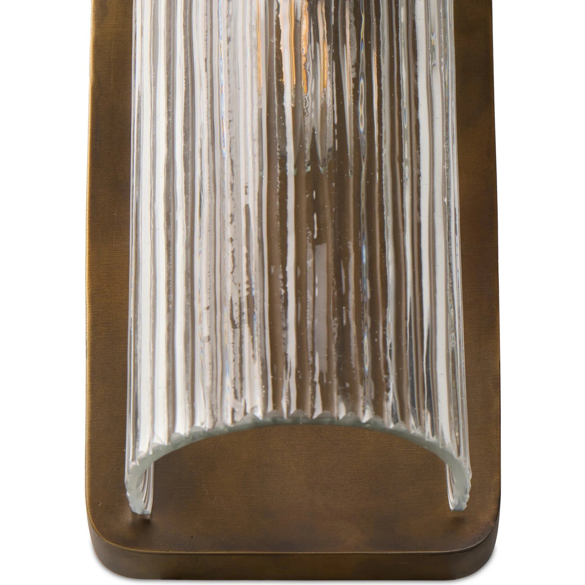 Kenji Sconce by Four Hands in clear reeded glass, burnished brass iron, clear cord. Made from glass, iron, thermoplastic in a traditional style.